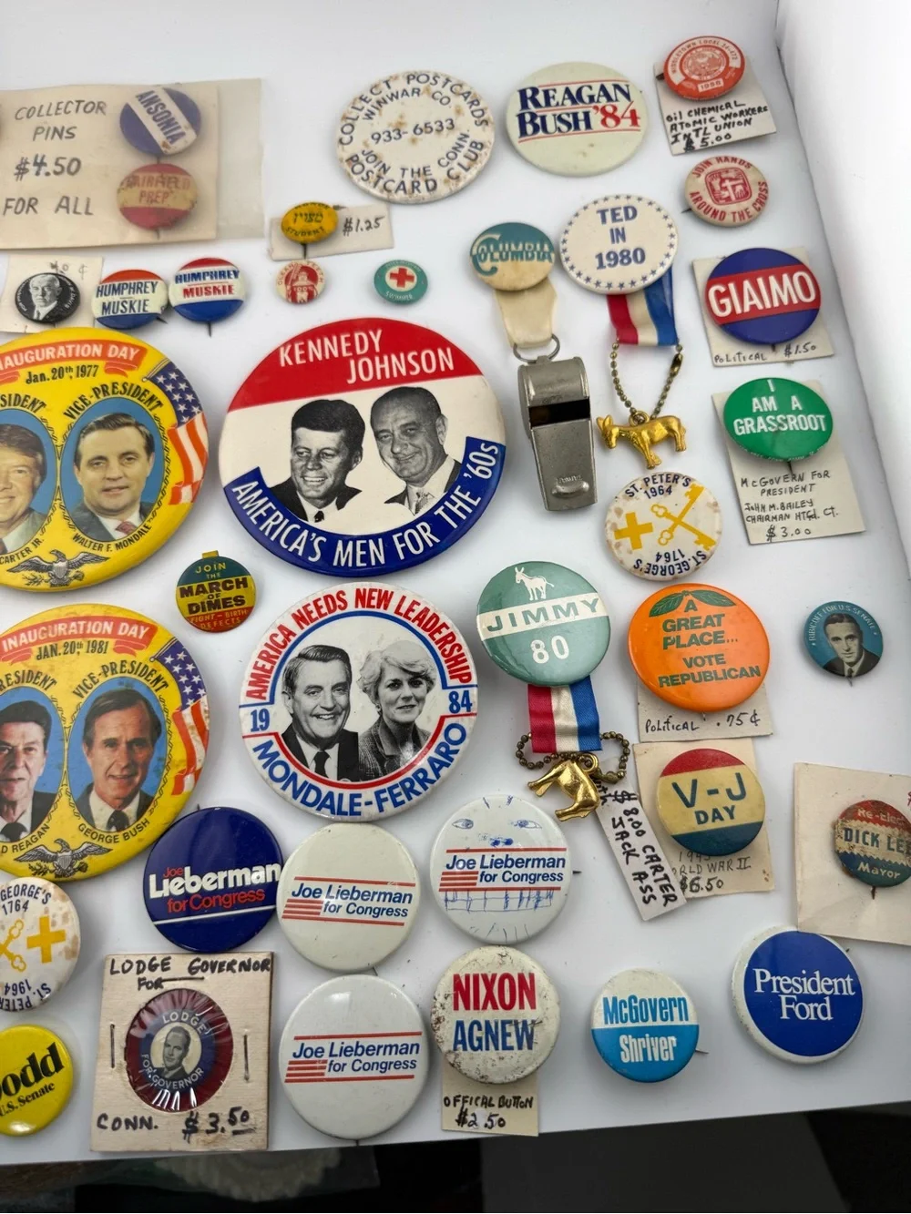 Vintage Political Campaign Button Lot 45+ Pins JFK Reagan Nixon Lieberman Dodd